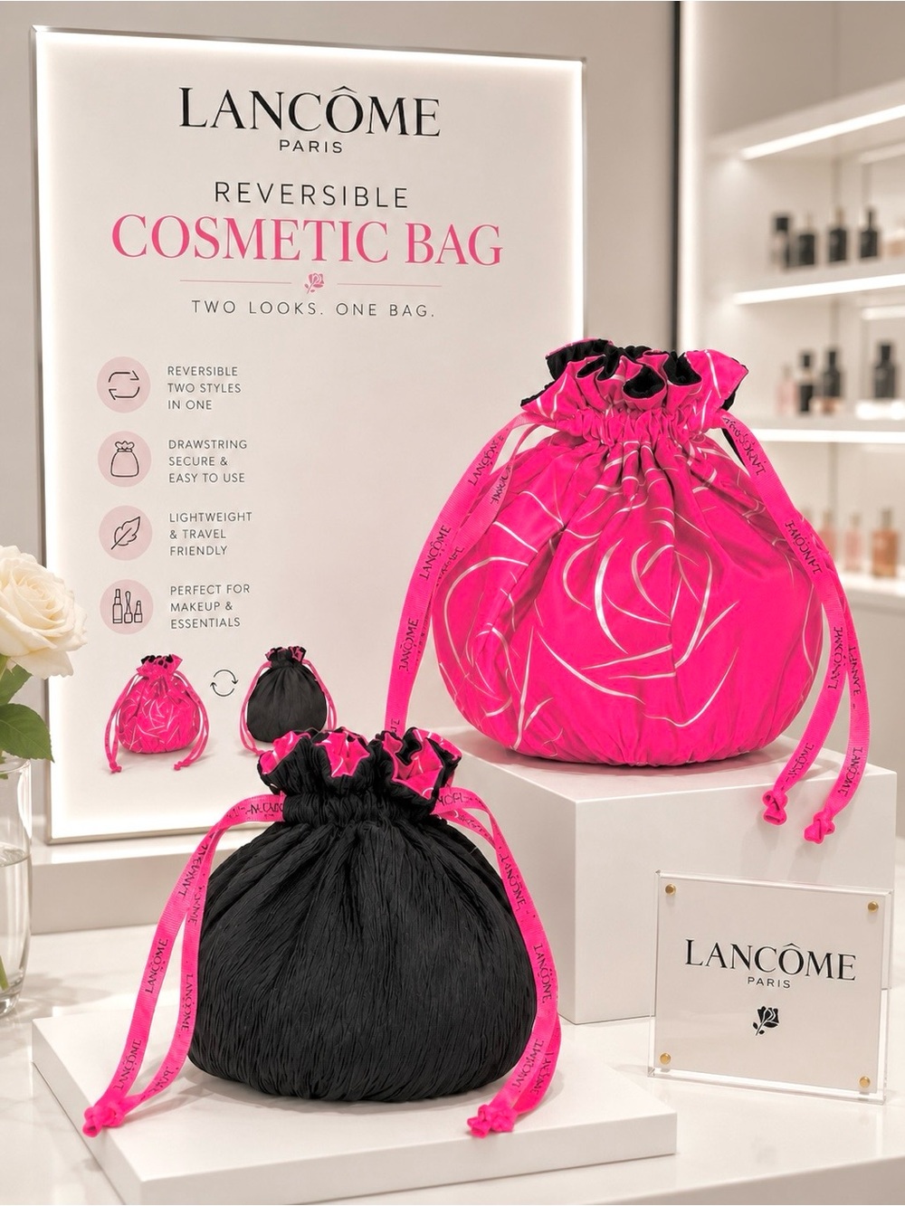 LANCÔME Reversible Pouch Cosmetic Bag Drawstring Crepe-Nylon Black Pink